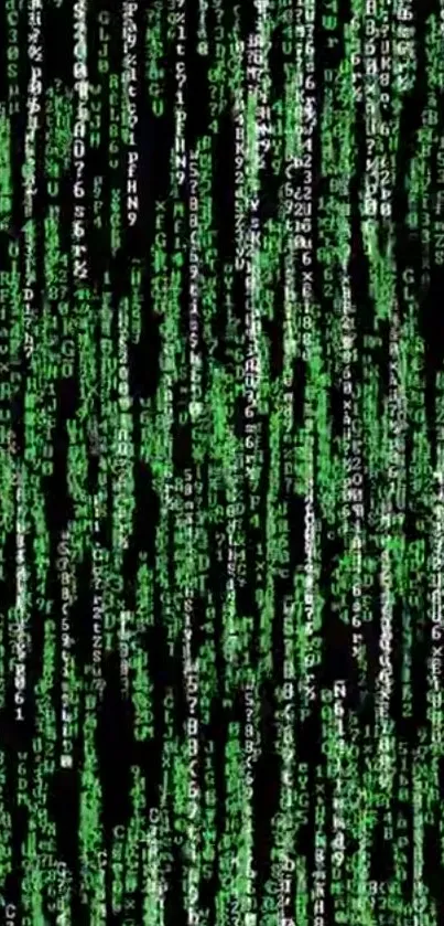 Matrix-inspired wallpaper with green code over black background.