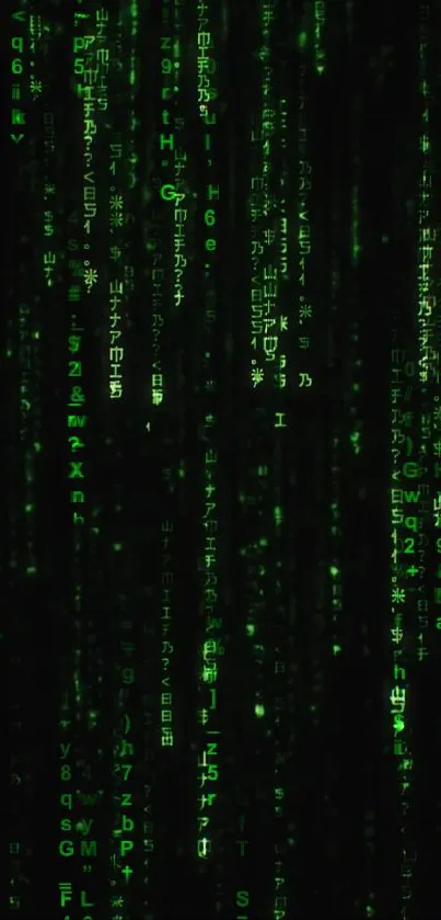 Matrix-inspired wallpaper with green code on black background.