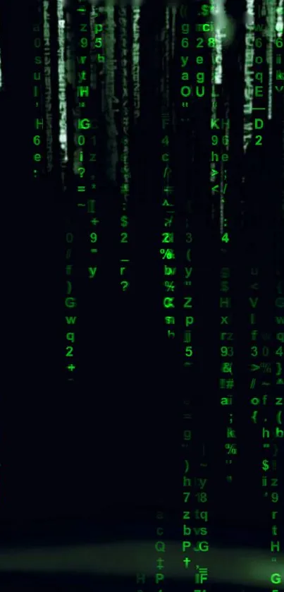 Matrix wallpaper with green digital code falling on a dark background.