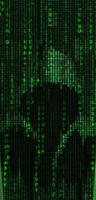 Matrix-inspired wallpaper with green code on dark background.