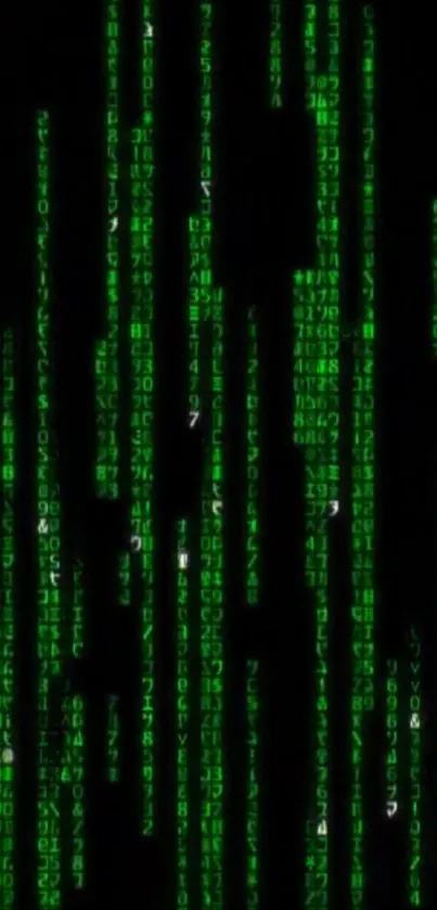 Matrix code wallpaper with green digital symbols on black background.