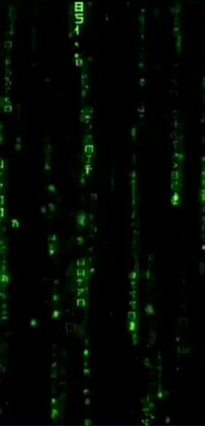 Matrix-style digital green code wallpaper with black background.