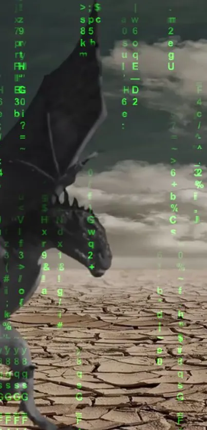 Fantasy dragon with green matrix code in desert landscape.