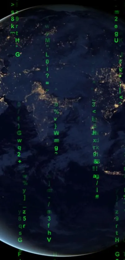 Matrix-inspired Earth at night with green code wallpaper.