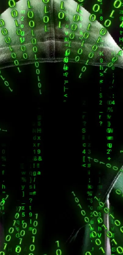 Hooded figure with green binary code streaming background.