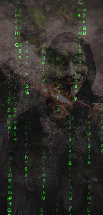 Mysterious anonymous figure with green matrix code overlay.