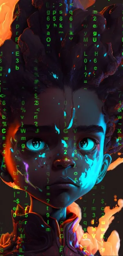 Futuristic neon digital art featuring a matrix-inspired character.