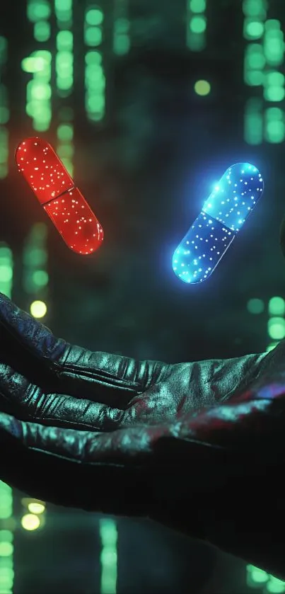 Matrix-inspired wallpaper with red and blue pills floating above a gloved hand.