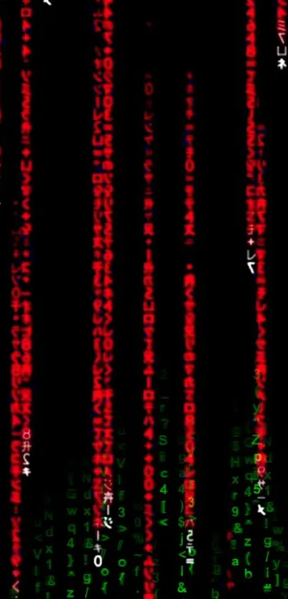 Abstract red and green matrix codes on a black background.