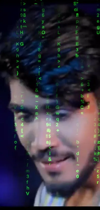 Matrix-inspired wallpaper with digital code overlaying a young man's face.