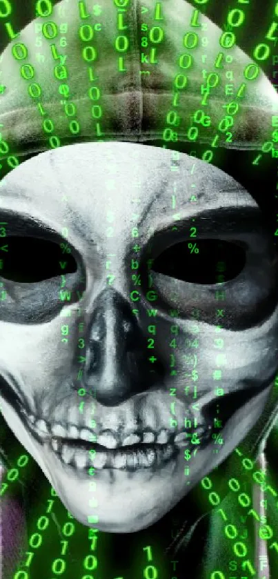 A masked figure with green binary code.