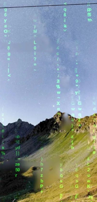 Mountain landscape with Matrix-style digital rain overlay.