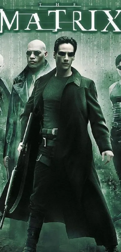 Matrix movie poster wallpaper with green tone and iconic characters.