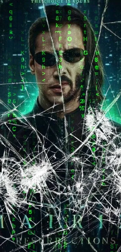 Matrix Resurrections mobile wallpaper with cracked glass effect in dark green tones.