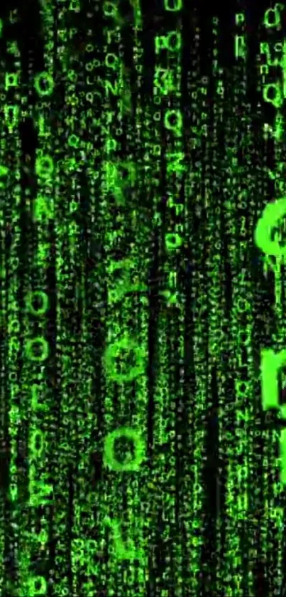 Green Matrix-style digital code wallpaper for mobile devices.