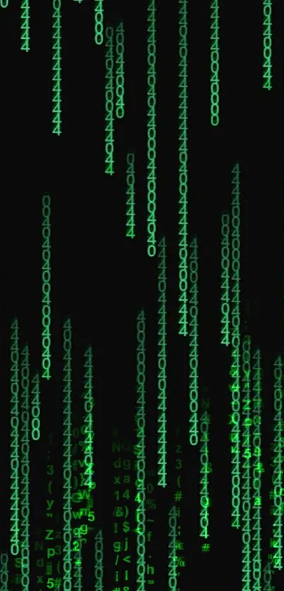 Matrix-style wallpaper with green binary code on a black background.