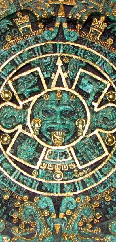 Beautiful ancient Mayan stone calendar design in turquoise and gold hues.