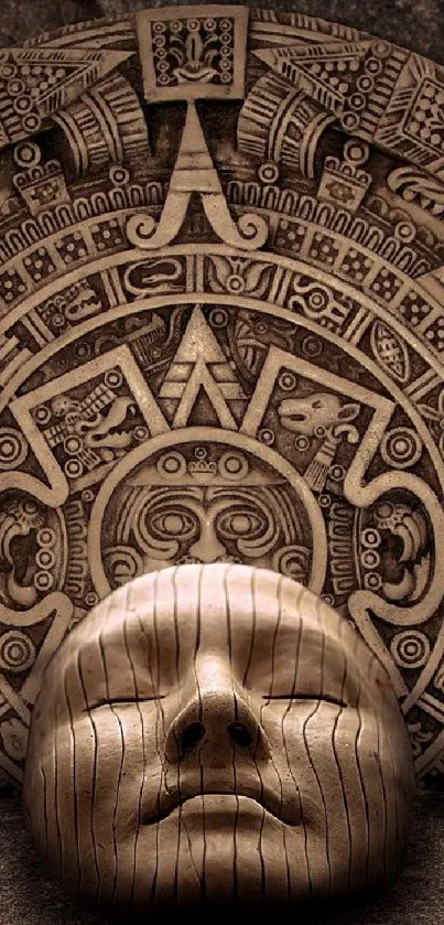 Intricate Mayan mask and calendar art wallpaper.