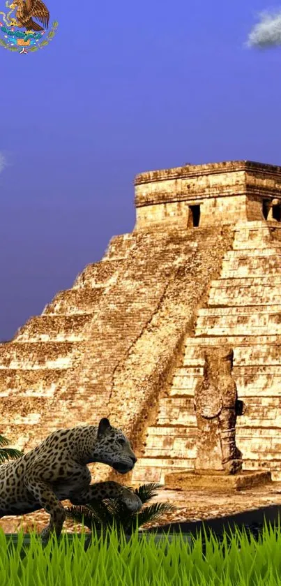 Mayan pyramid with jaguar and blue sky wallpaper.