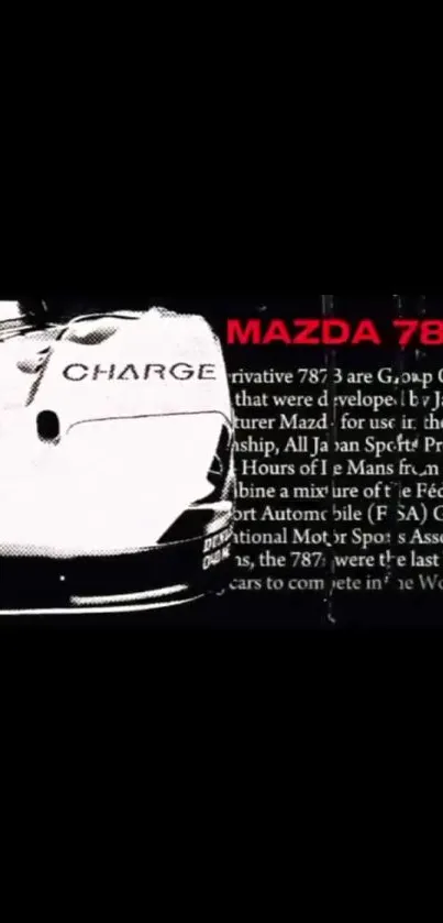 Black and white Mazda 787B racing car art with text.