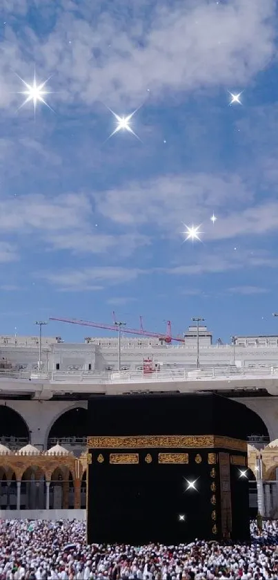 Kaaba surrounded by pilgrims under a blue sky in Mecca.