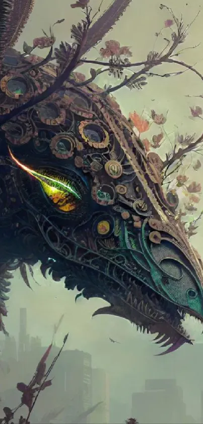 Intricate fantasy art featuring a mechanical dragon with steampunk details.