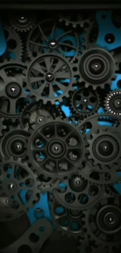 Intricate black gears on a blue wallpaper.