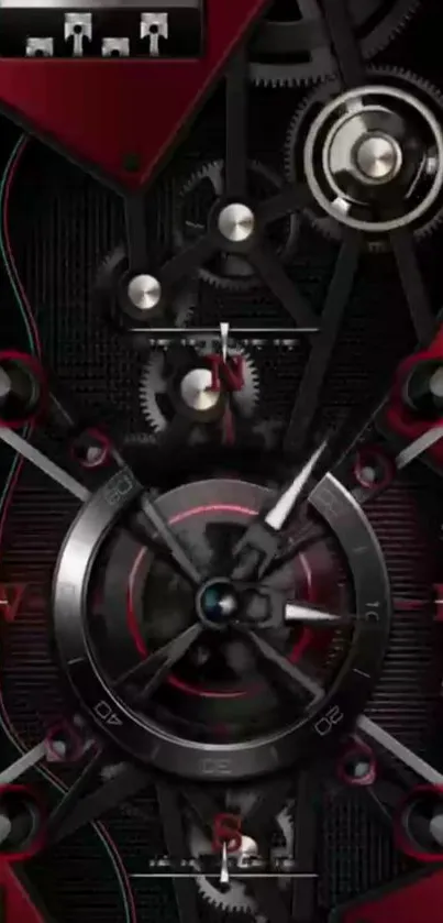 Intricate mechanical gears with red accents on a smartphone wallpaper.