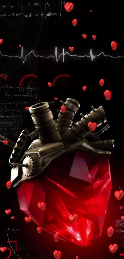 Steampunk-inspired mechanical heart wallpaper with red and black tones.