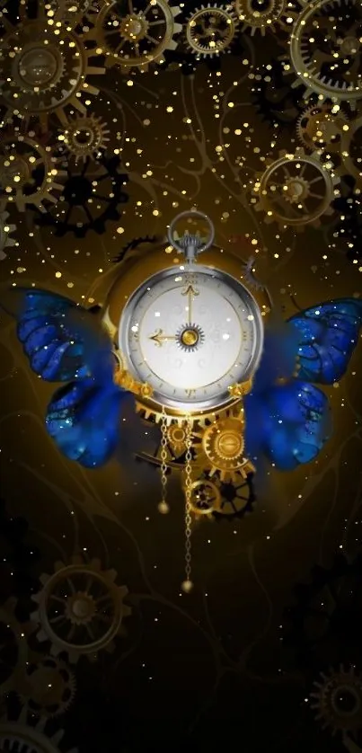 Steampunk butterfly clock wallpaper with golden gears and blue wings.