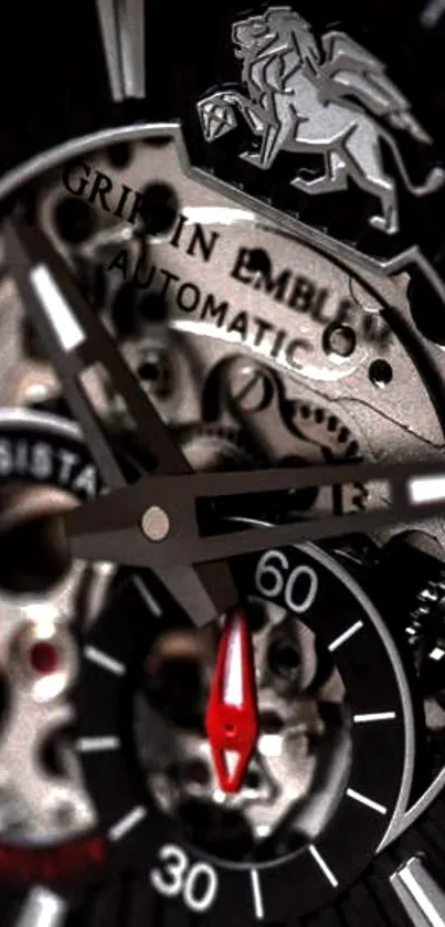 Close-up view of a mechanical watch's intricate gears and face design.