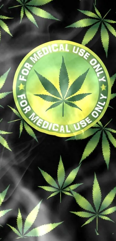 Medical cannabis leaf wallpaper with green and black design.