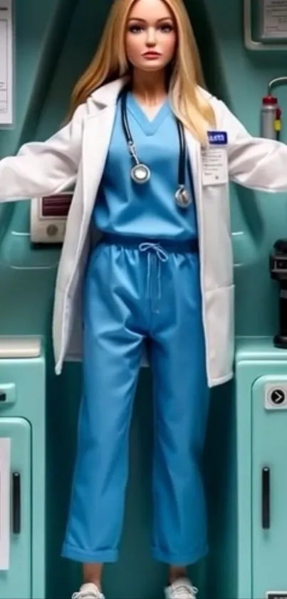 Doll wearing blue scrubs and a white coat.