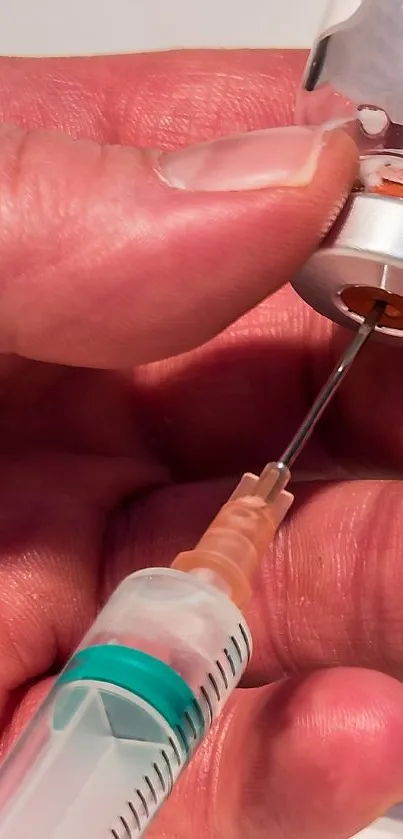 Close-up of a syringe drawing liquid from a vial in a detailed medical setting.