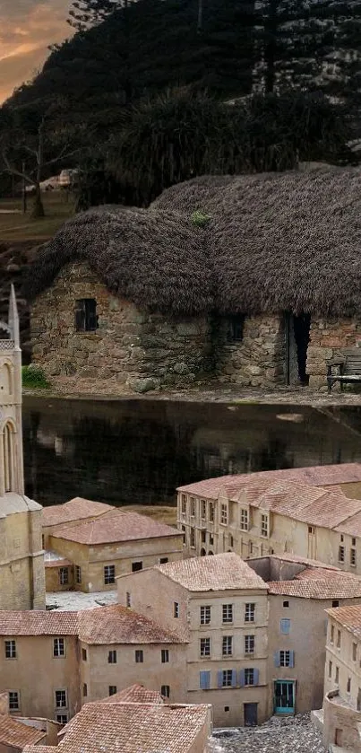 A medieval cityscape with a church tower and rustic stone buildings.