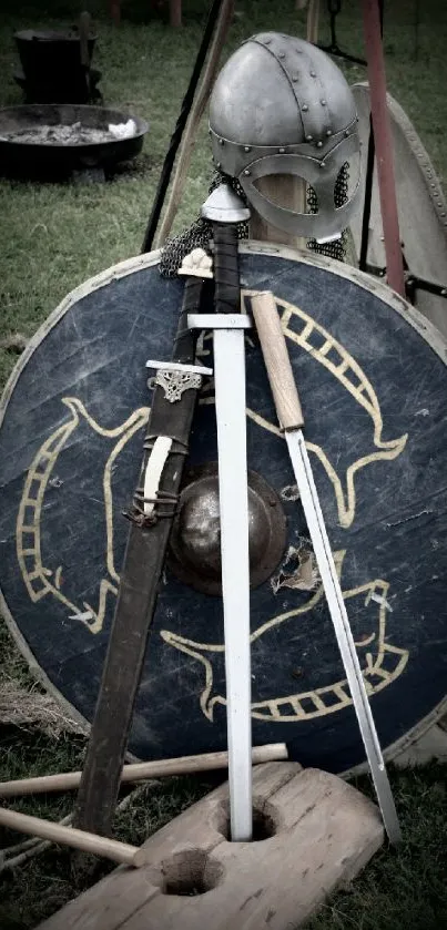 Medieval helmet, shield, and swords on grass backdrop.