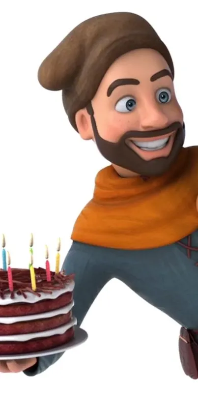 Medieval character with birthday cake and candles on phone wallpaper.