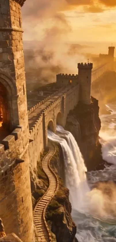 Majestic medieval castle above waterfall at sunset.