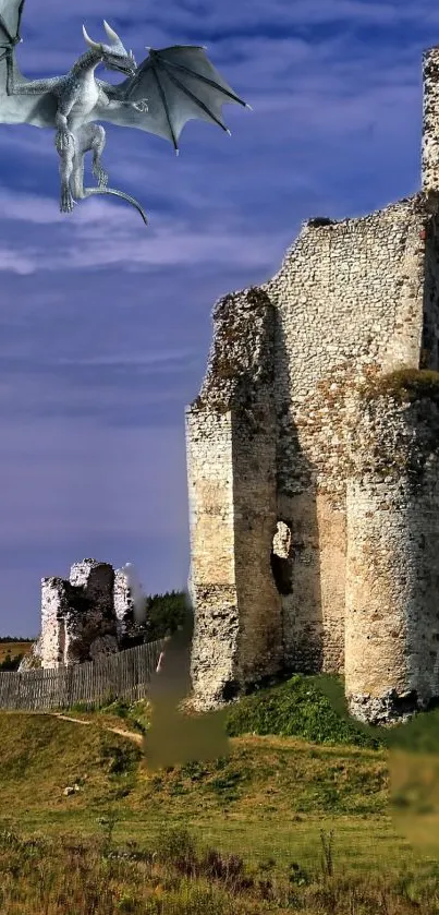 Majestic dragon flies over medieval castle ruins against a blue sky.