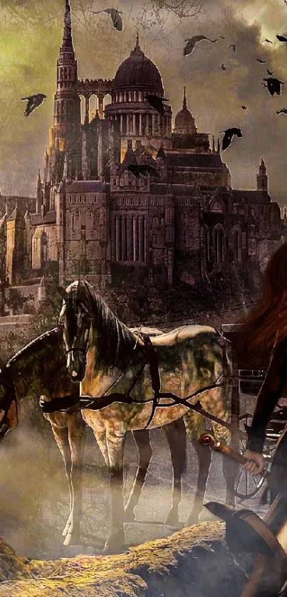 Fantasy artwork of a medieval castle with horses and mysterious figure.