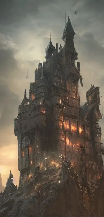 Medieval fantasy castle on cliff under a mystical sky.