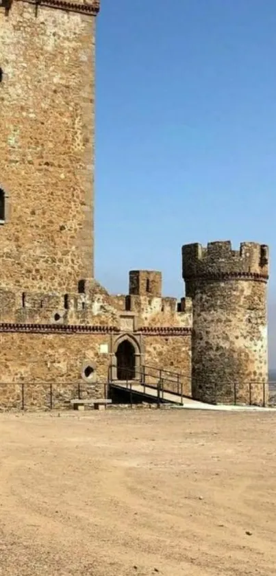 Brown medieval castle with tower against clear blue sky.