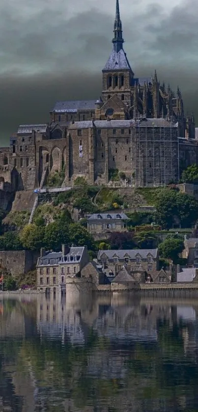 Medieval castle reflecting in tranquil waters under a cloudy sky.