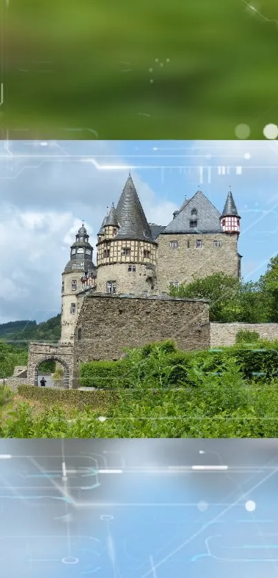 Beautiful medieval castle with lush greenery and a blue sky.