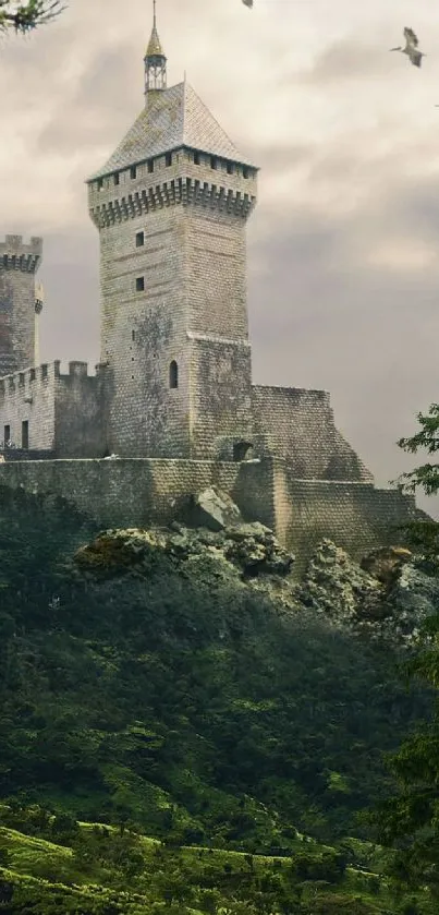 Majestic castle overlooking lush green hillside.