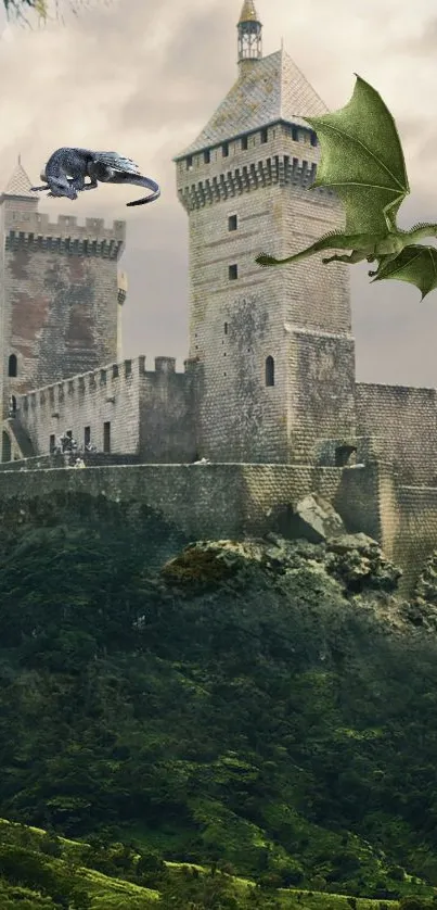 Medieval castle with dragon in dramatic fantasy setting.