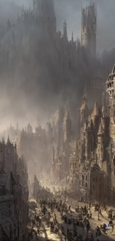Fantasy medieval cityscape with mystical fog and towering buildings.