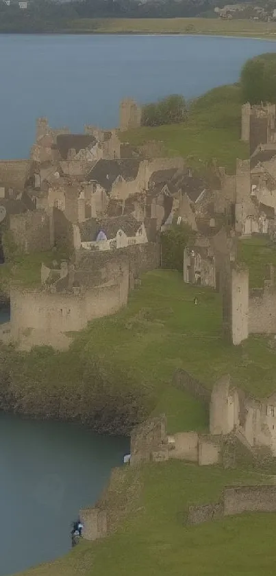 Medieval cliffside castle overlooking a serene blue lake.