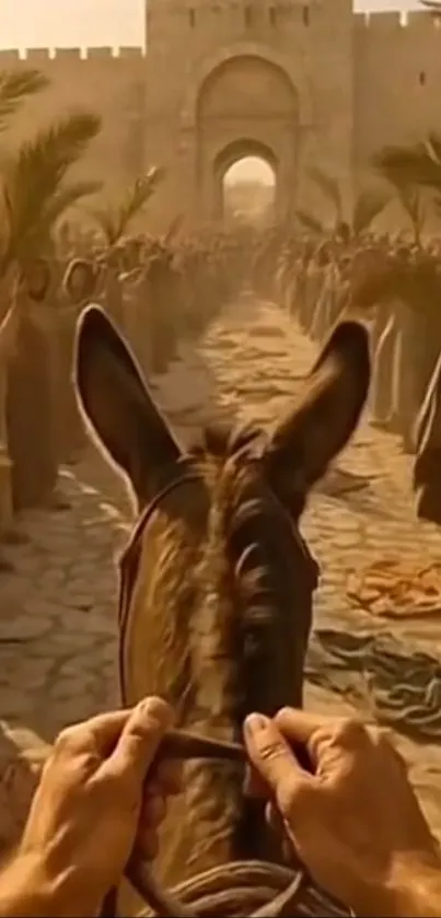 Medieval rider enters city with welcoming crowds and palm branches.