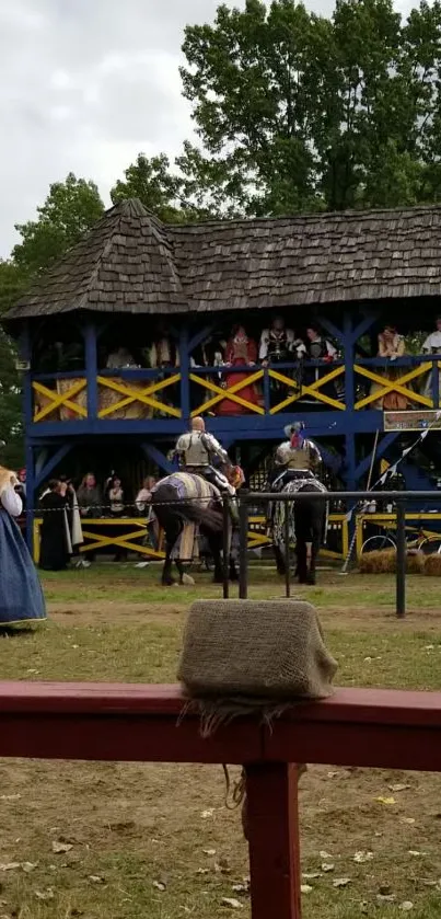 Colorful jousting scene at medieval fair with knights.